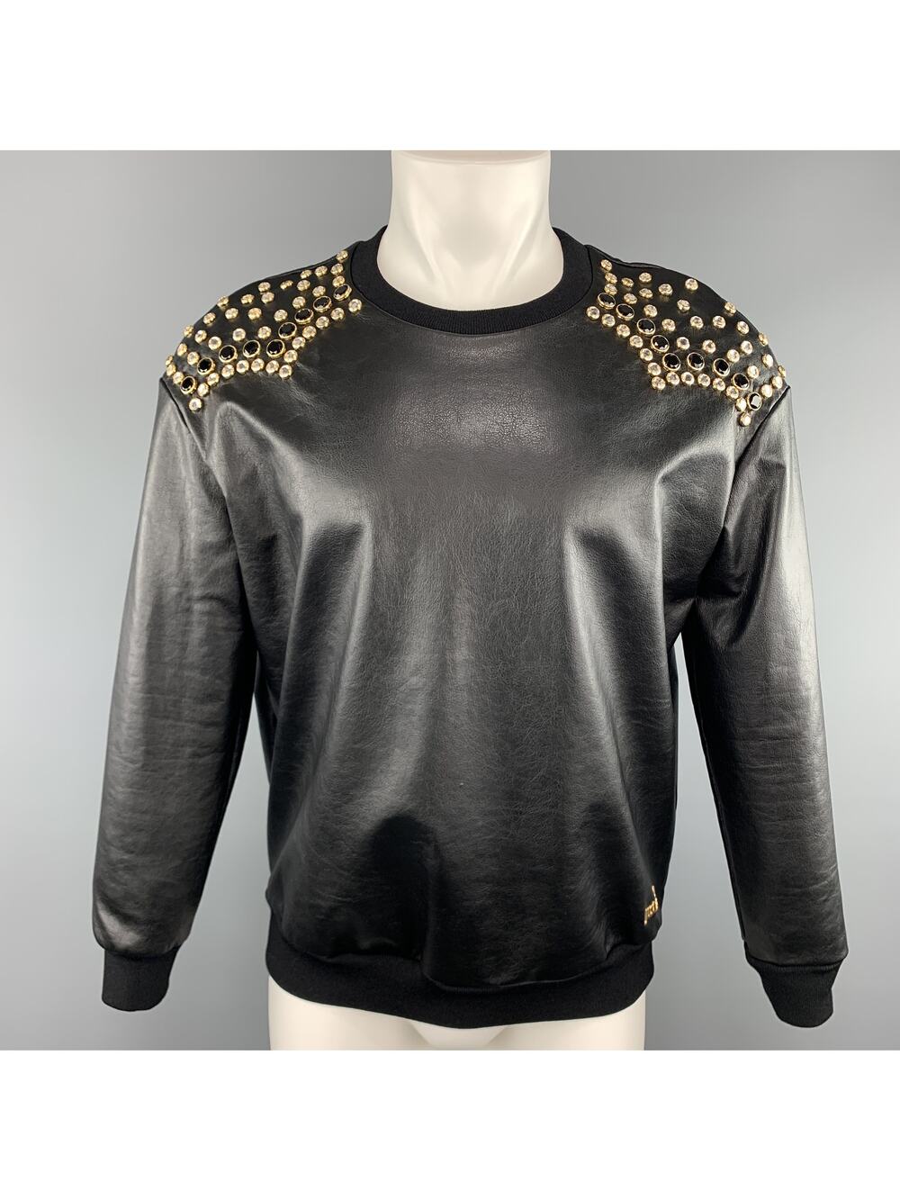 JUST CAVALLI Size XS Black Rhinestone Studded Coated Cotton Crew-Neck Sweatshirt